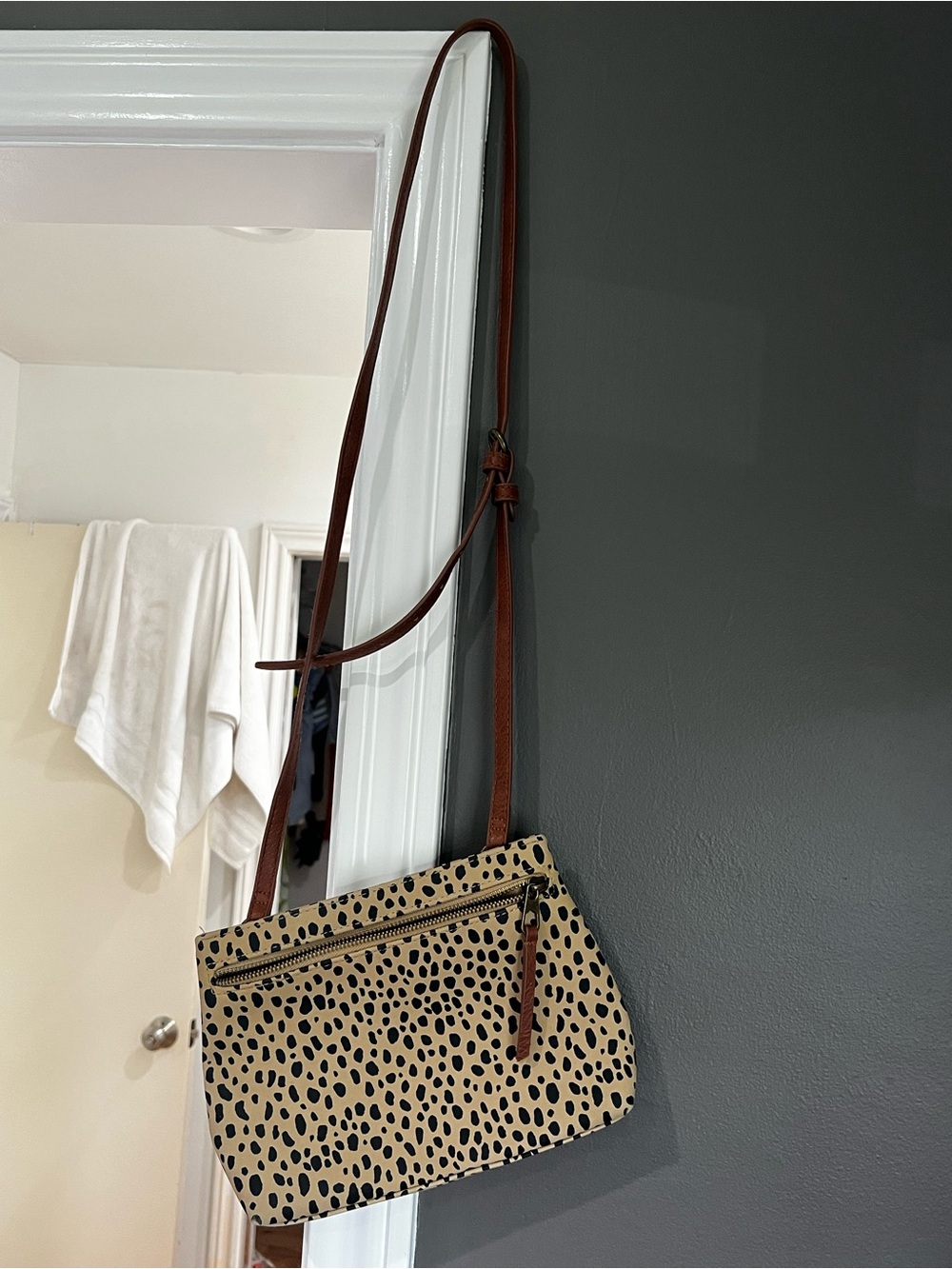 Leopard Print Crossbody Bag in Tan and Black - Adjustable Strap